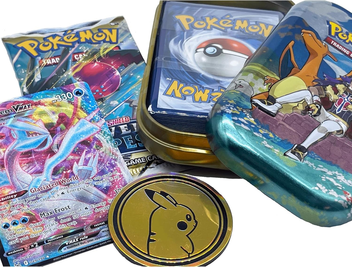 The Toy Box - Pokemon Mini Tin Bundle - 50 Assorted Pokemon Cards, x1 Sealed Booster Pack, x1 Rare Ultra Shiny Card & Game Coin.