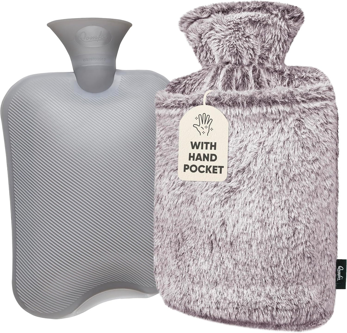 Qomfor Hot Water Bottle with Cover - Premium Fluffy Faux Fur Cover with Kangaroo Pocket - 1.8l Large - Hot Water Bag for Pain Relief, Neck and Shoulders, Hands and Feet, Cosy Nights (Dark Grey).