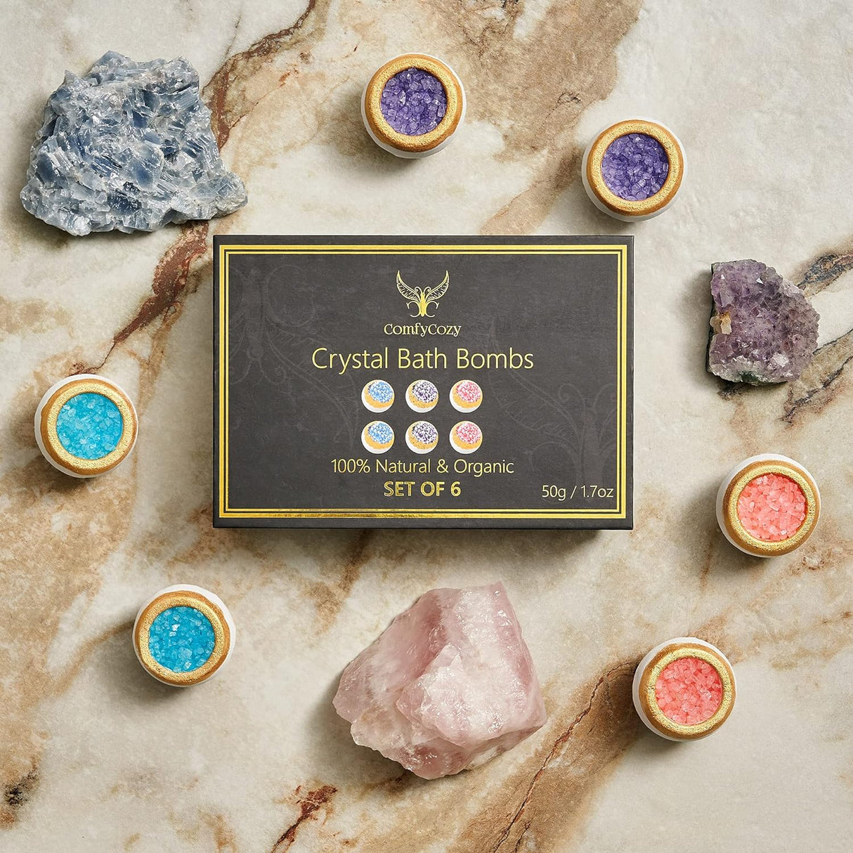 ComfyCozy Crystal Bath Bombs Luxury Gift Set | Relaxing Hamper Spa Bomb Package | Vegan Organic Bathbombs | Relaxation Beauty Pamper Self Care Pack, 6x50g.