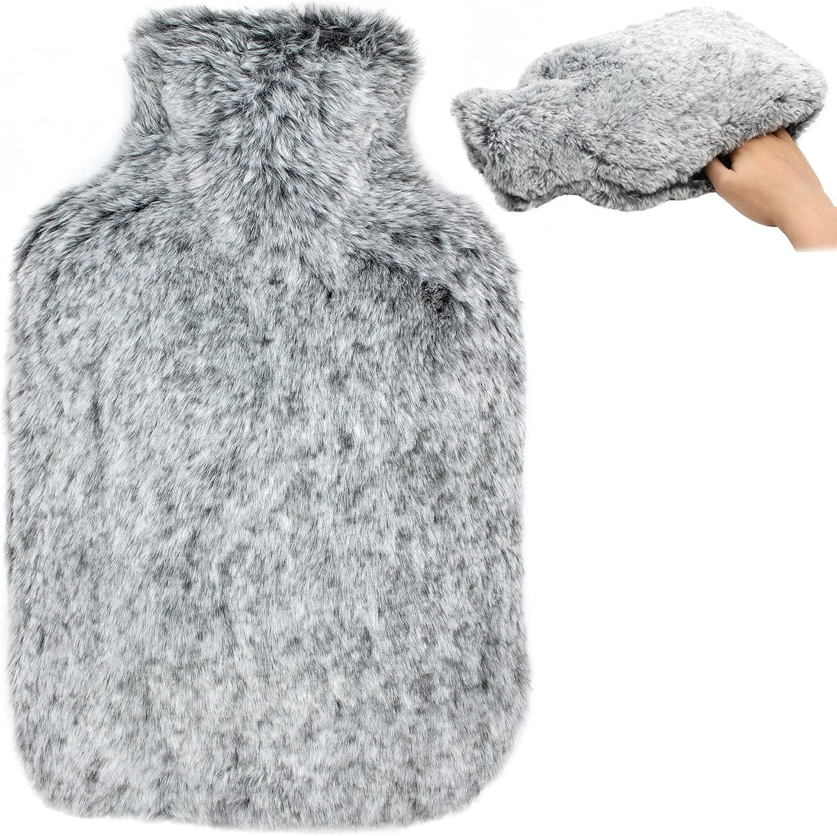 OWOZOI Fluffy Hot Water Bottle, Soft Furry Cover with Hand Pocket, 2L Large Capacity, Hot Water Bag for Pain Relief, Period Cramps, Back, Shoulder, Neck, Arthritis, Bed Warmer(Silver Grey).