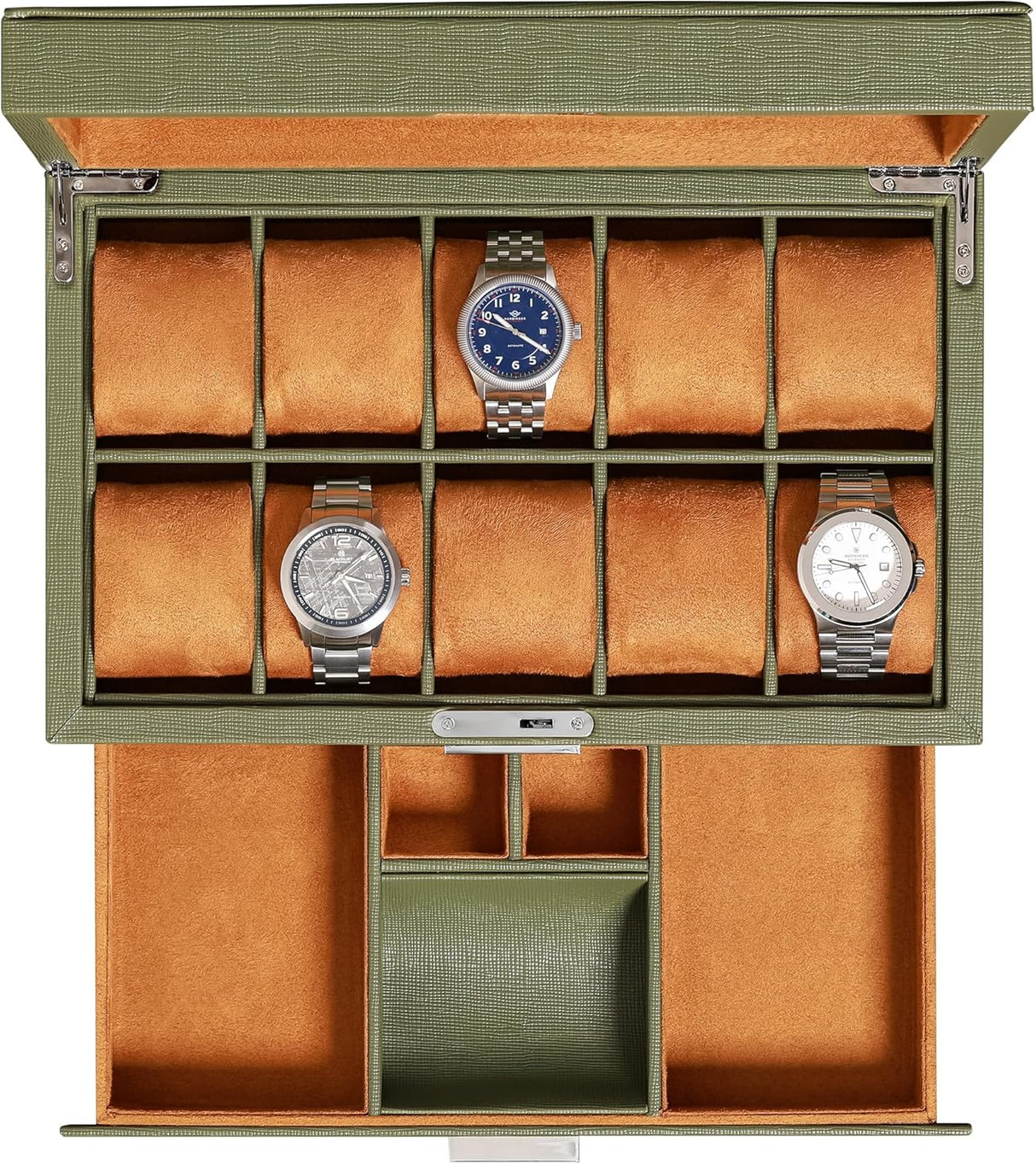 ROTHWELL 10 Slot Watch Box with Valet Drawer - Luxury Watch Case Display Organizer, Ultra Soft Microsuede Liner, Locking Jewelry Watches Holder With Large Glass Top (Black/Black).