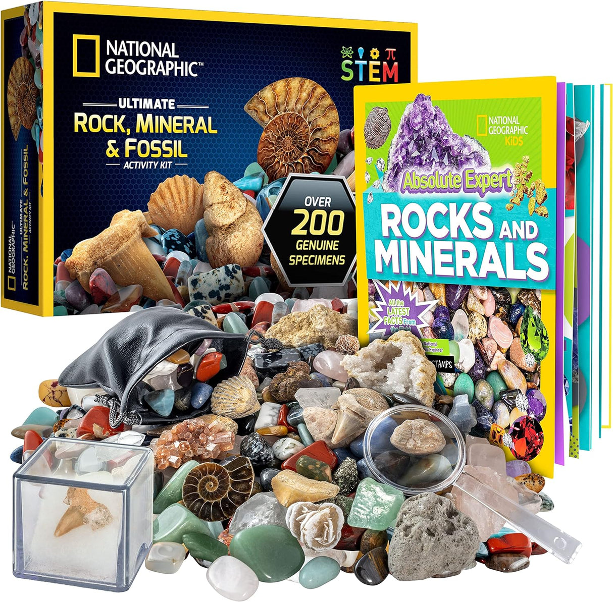 NATIONAL GEOGRAPHIC Rock Collection and Fossils for Kids – 200 Piece Crystals and Gemstones Set Includes Geodes and Fossils, Rocks and Minerals Science Kit for Kids, A Geology Gift for Boys and Girls.