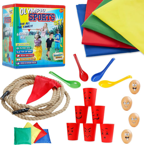 Outdoor Games for Kids and Adults 6 in 1 or 3 in 1, PE Sports Day Sack Race Flying Disc Tug of War Throwing Bean Bags Tin Can Alley Egg and Spoon Race Ring Toss.