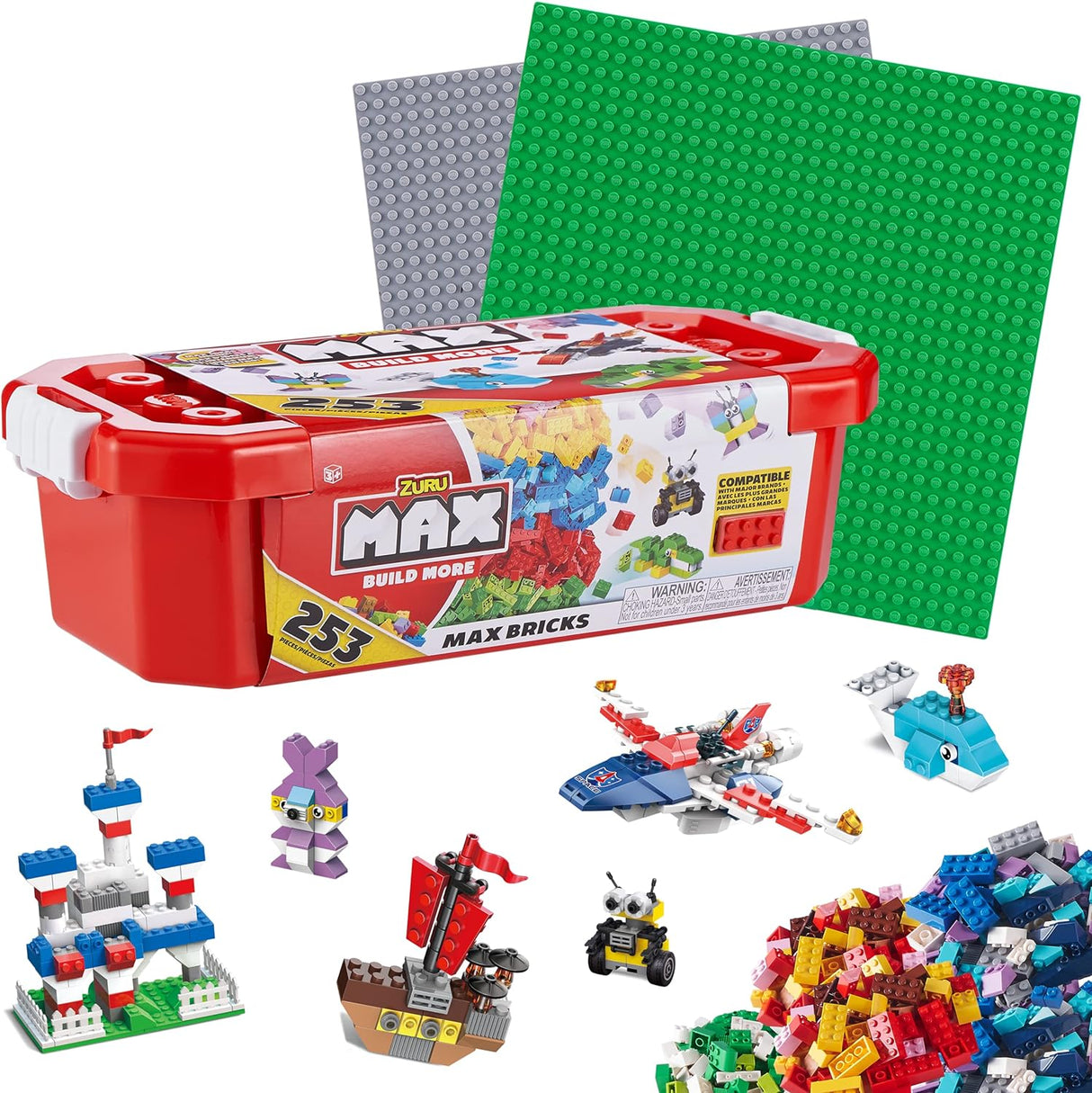 MAX Build More Building Bricks Value Set (253 Bricks and 2 Baseplates 10 x 10 Inches) Compatible with Other Major Brands by ZURU.