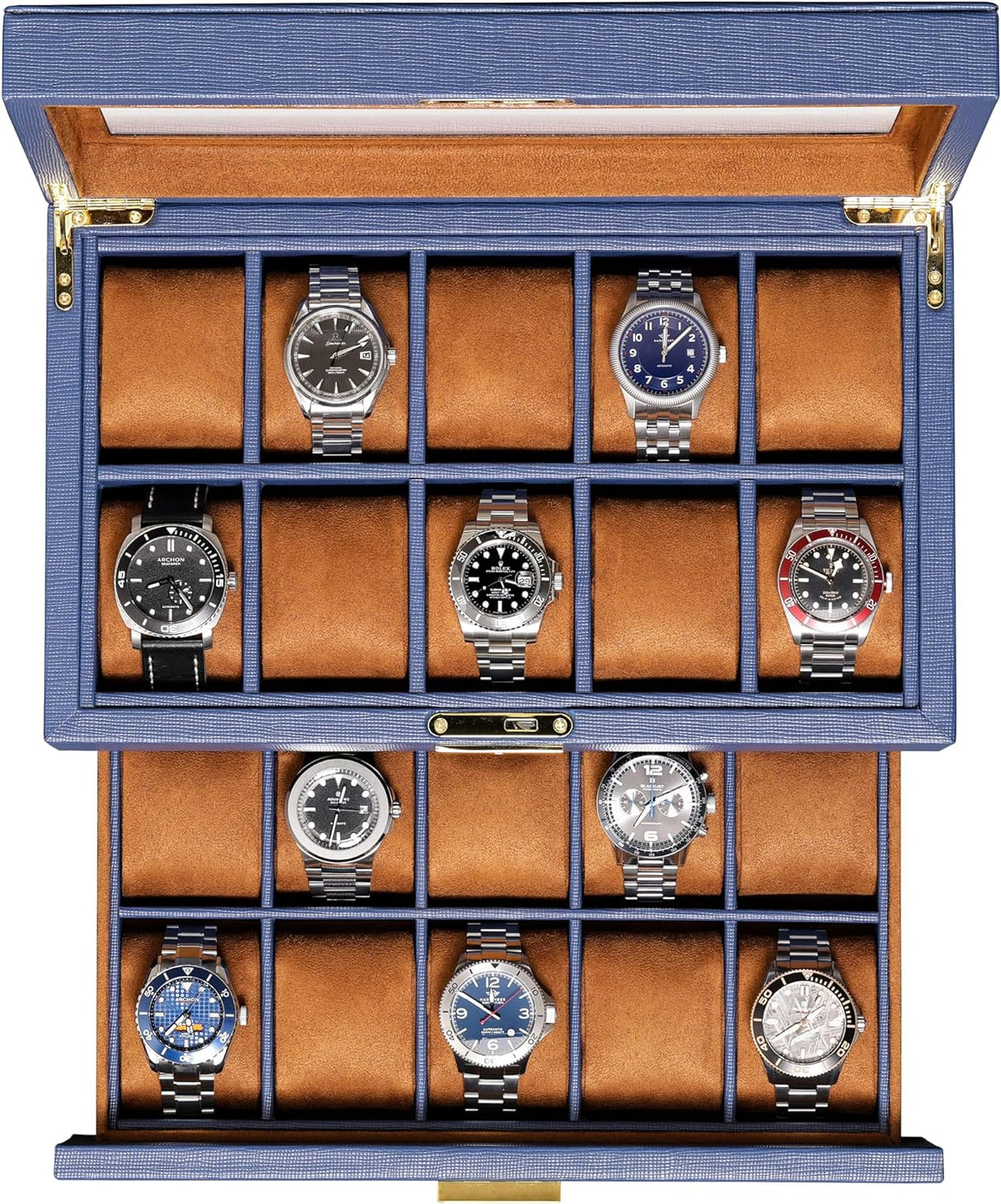 ROTHWELL 20 Slot Leather Watch box - Luxury Watch Case Display Jewelry Organizer, Locking Watch Display Case Holder with Large Real Glass Top - Watch Box Organizer for Men and Women (Blue/Tan).