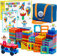 Science Kidz Magnetic Tiles - 100 Piece Set + 4 Play Figures + Storage Bag - Magnetic Building Blocks For Kids - Educational STEM Magnet Toys For 3, 4, 5, 6, 7 Year Old Boys & Girls - Magnetic Shapes.