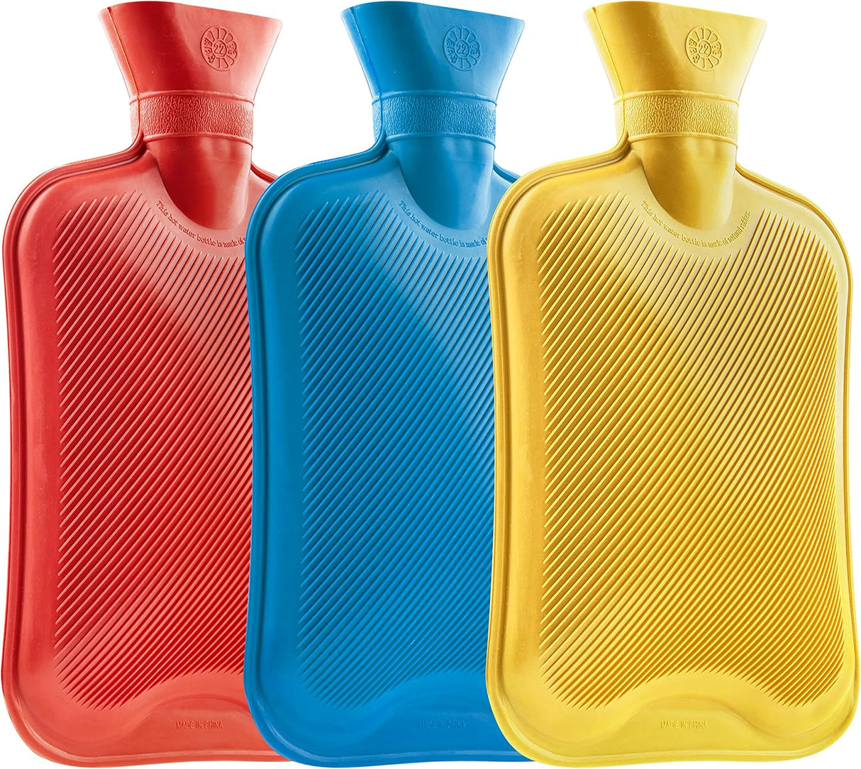 Hot Water Bottle Large 1.8L Rubber Hot Water Bag 1, 2 or 3 Pack Ribbed Surface One Side for Pain Relief Hot Cold Compress Cramps Back Pain Neck Pain (Blue/Red/Yellow, 3pcs).