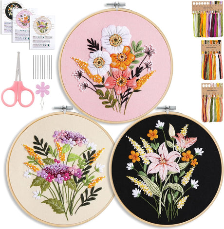 Falovs Embroidery Starter Kit, 3 Pack Embroidery Beginner Kits, Adult Women’s Hobbies, Including Cloth with Floral Patterns, Instructions, Embroidery Bamboo Hoop, Embroidery Threads and Tools.