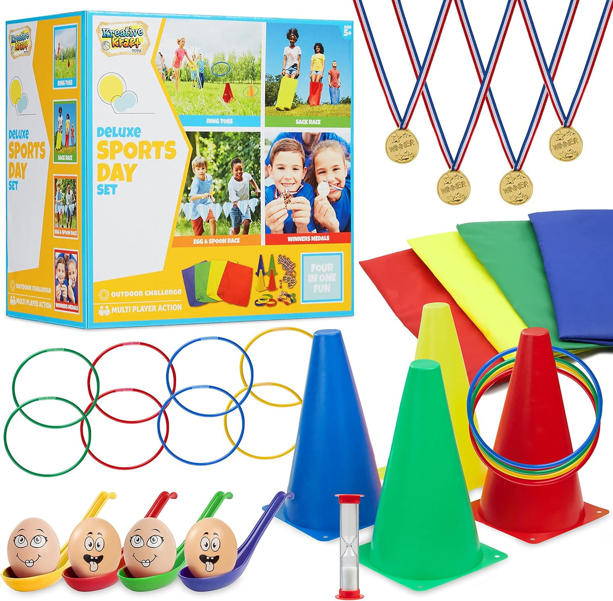 Outdoor Games Play Equipment for Kids Family Garden Toys Sports Day Kit Egg and Spoon Race Ring Toss Sack Race Bean Bags Snakes and Ladders (Deluxe Sports Day Kit).