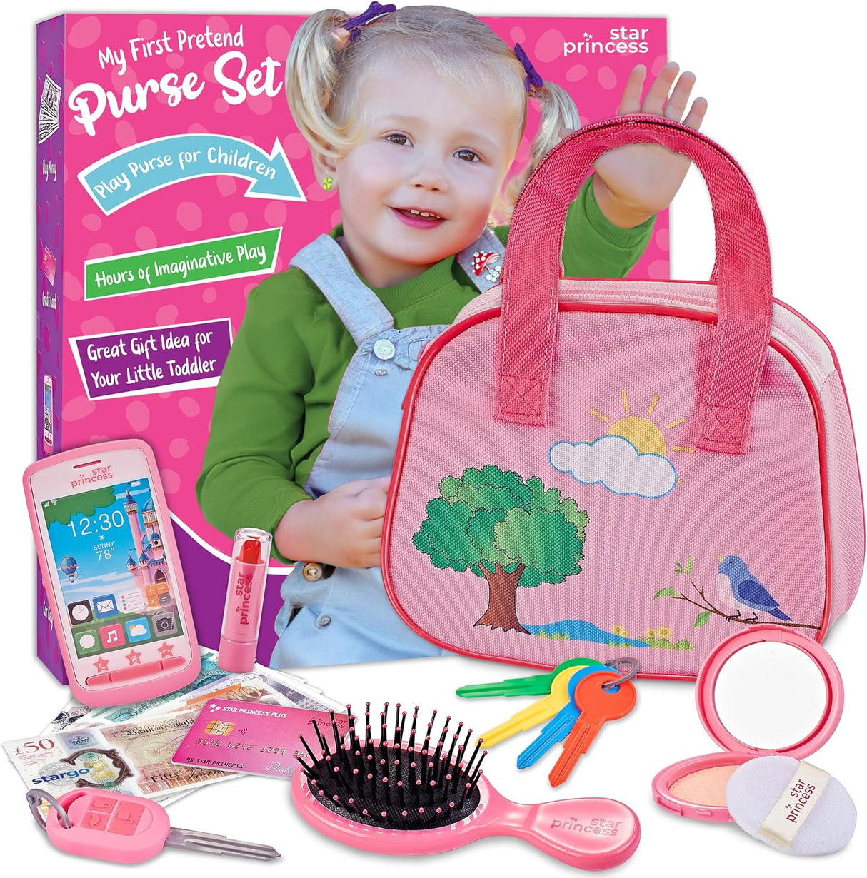 Toddler Play Purse for Kids with Accessories, Purse Toys for Girls with Pretend Makeup, Keys, Smartphone, Dress Up Toy Purse for Toddlers and Kids - Birthday Gift for Little Toddler Girls.