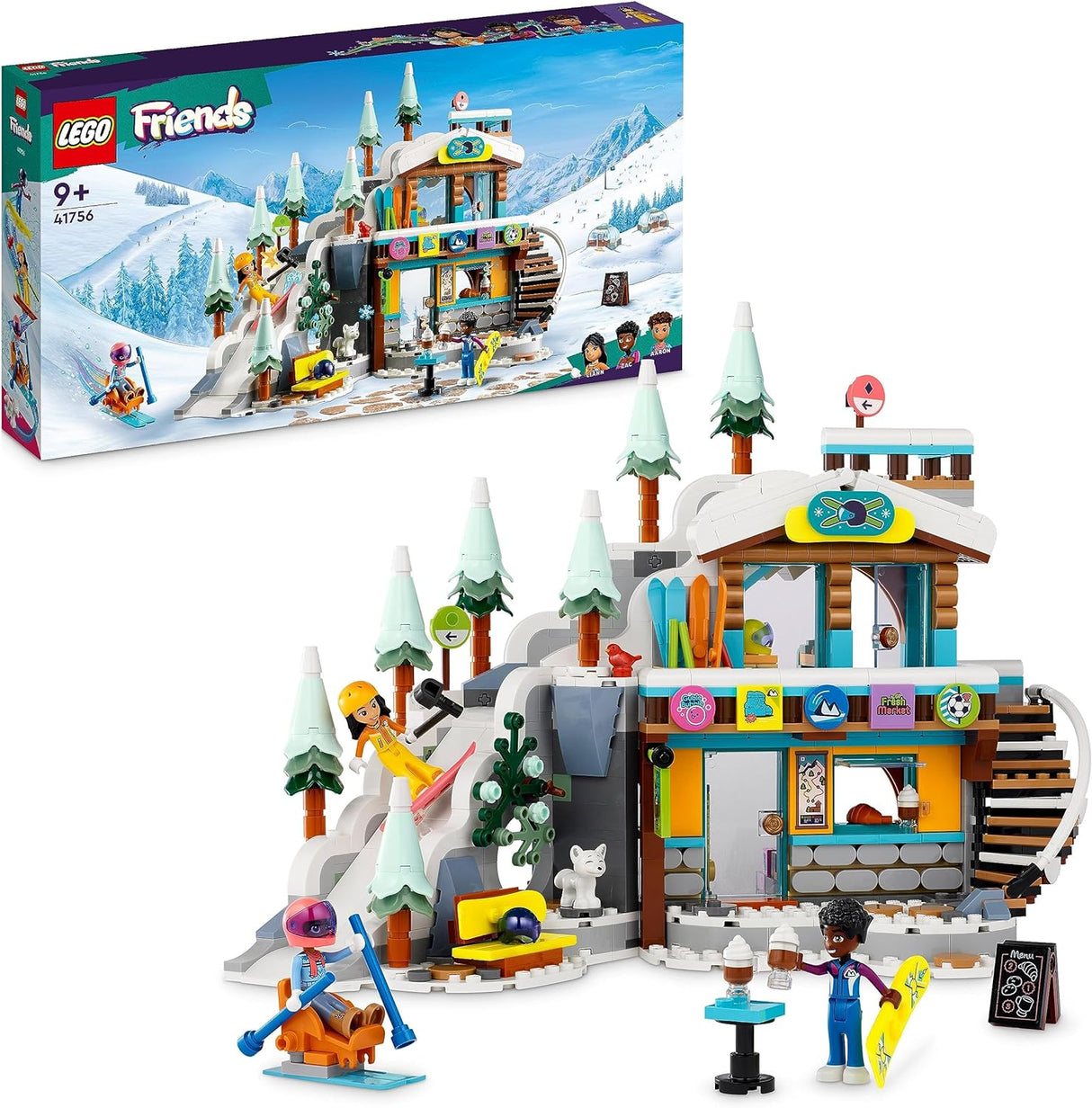 LEGO Friends Holiday Ski Slope and Café Winter Sport Christmas Set with Liann, Aron and Zac Mini-dolls and Fox Animal Figure, Toy for Girls, Boys & Kids, Creative Gift Idea 41756.