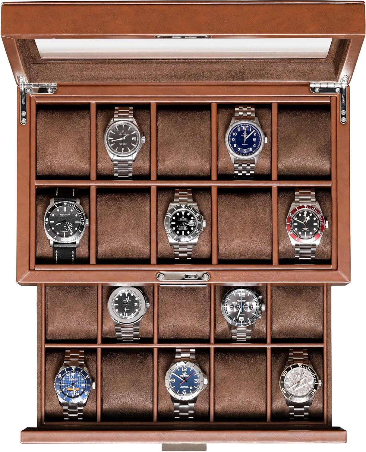 ROTHWELL 20 Slot Leather Watch box - Luxury Case Display Jewelry Organizer, Locking Holder with Large Real Glass Top Organizer for Men and Women (Tan/Brown).