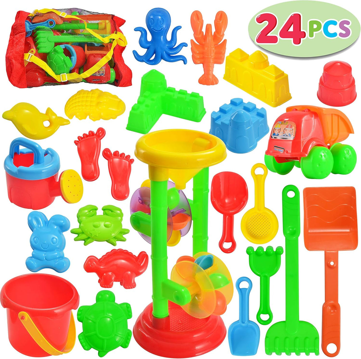 JOYIN 24 Pcs Beach Sand Pit Toys Includes Sand Water Wheel, Sandbox Vehicle, Sand Molds, Bucket, Sand Shovel Tool Kits, Bucket and Spade for Toddlers Kids Outdoor Play (1 Bonus Mesh Bag Included).