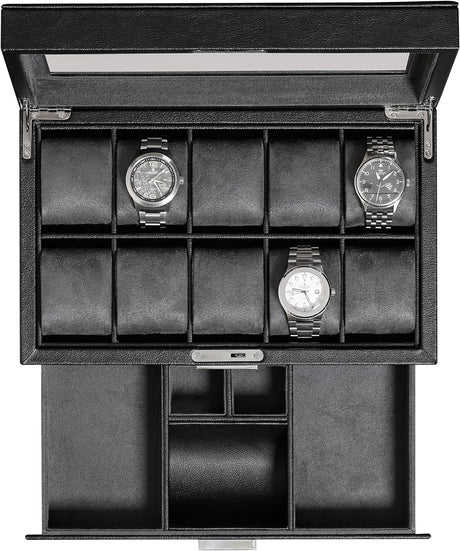 ROTHWELL 10 Slot Watch Box with Valet Drawer - Luxury Watch Case Display Organizer, Ultra Soft Microsuede Liner, Locking Jewelry Watches Holder With Large Glass Top (Black/Black).