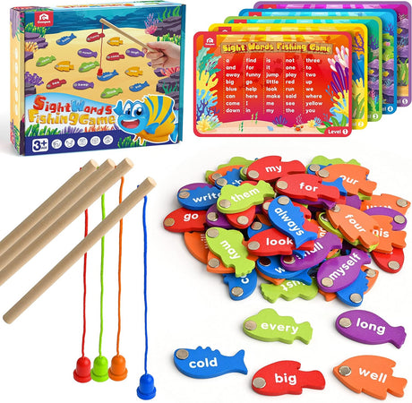 Coogam Wooden Magnetic Fishing Sight Words Game Learning Dolch Word Flashcards Montessori Educational Toy for Preschool 3 4 5 Year Old Kids.