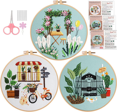 Falovs Embroidery Starter Kit, 3 Pack Embroidery Beginner Kits, Adult Women’s Hobbies, Including Cloth with Floral Patterns, Instructions, Embroidery Bamboo Hoop, Embroidery Threads and Tools.