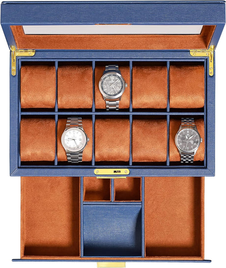 ROTHWELL 10 Slot Watch Box with Valet Drawer - Luxury Watch Case Display Organizer, Ultra Soft Microsuede Liner, Locking Jewelry Watches Holder With Large Glass Top (Black/Black).