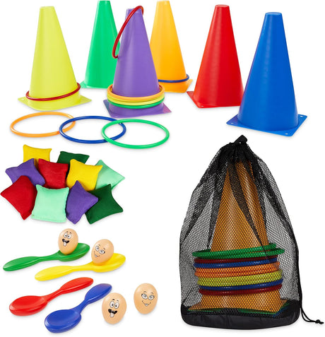 Outdoor Games Play Equipment for Kids Family Garden Toys Sports Day Kit Egg and Spoon Race Ring Toss Sack Race Bean Bags Snakes and Ladders (Sports Day Kit).