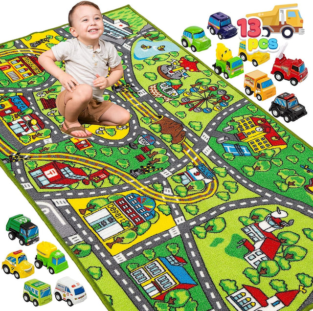 JOYIN Carpet Playmat w/ 12 Cars Pull-Back Vehicle Set for Kids Age 3+, Jumbo Play Room Rug, City Pretend Play.