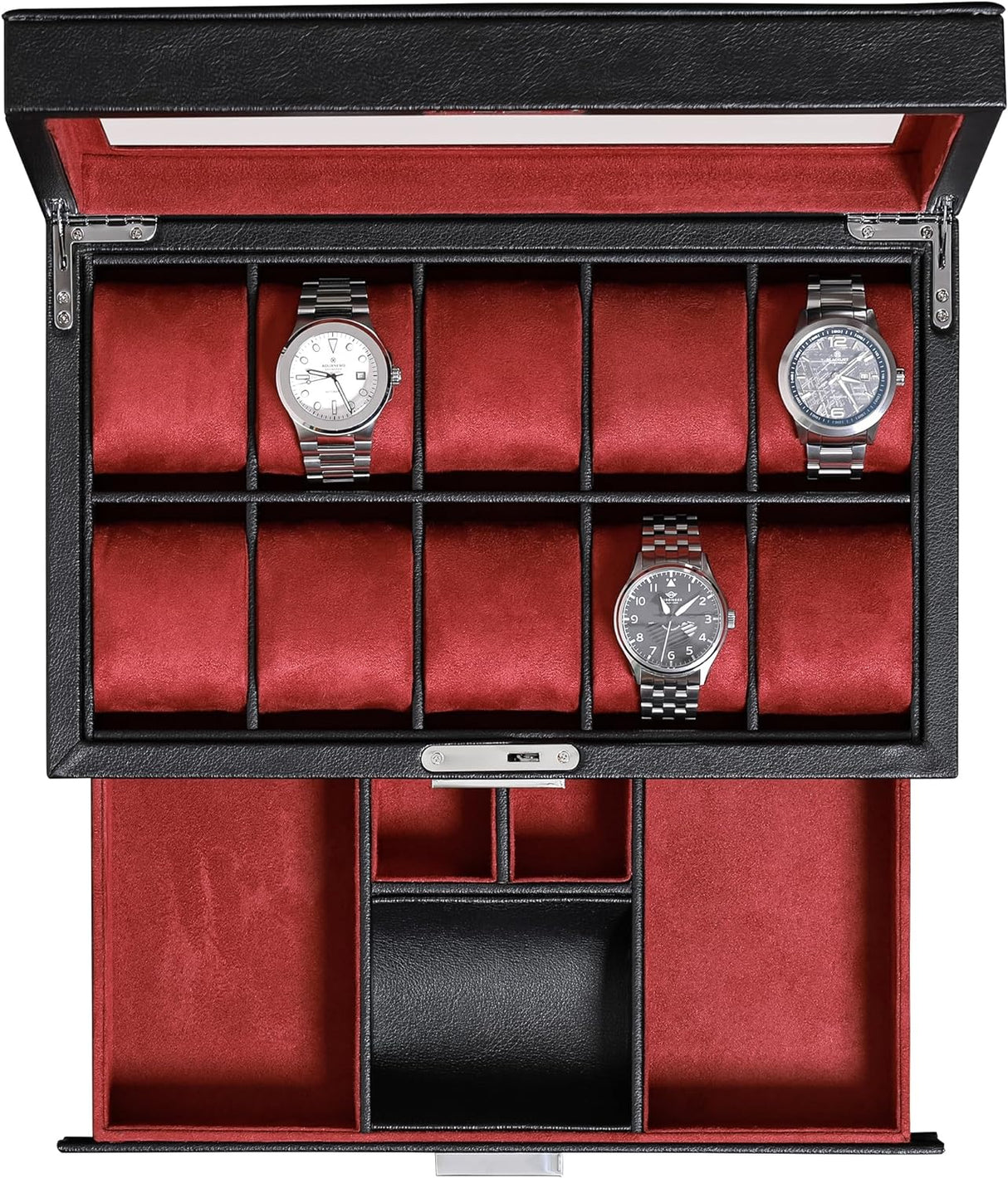 ROTHWELL 10 Slot Watch Box with Valet Drawer - Luxury Watch Case Display Organizer, Ultra Soft Microsuede Liner, Locking Jewelry Watches Holder With Large Glass Top (Black/Black).