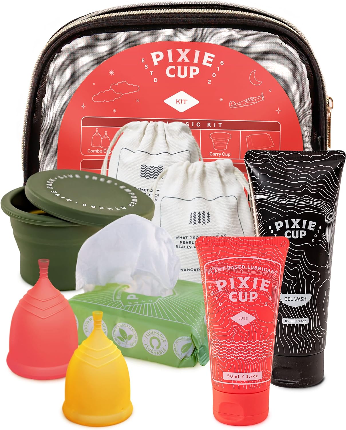 Pixie Cup Menstrual Kit - Best Period Cup Starter Kit - 2 Cups, Wash, 20 Wipes, Lube, Public Restroom Carry Cup & Storage Bag - Proven to Be What You Need to Become A Successful Menstrual Cup User.