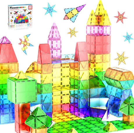 PicassoTiles 60 Piece Set 60pcs Magnet Building Tiles Clear Magnetic 3D Building Blocks Construction Playboards - Creativity beyond Imagination, Inspirational, Recreational, Educational, Conventional.