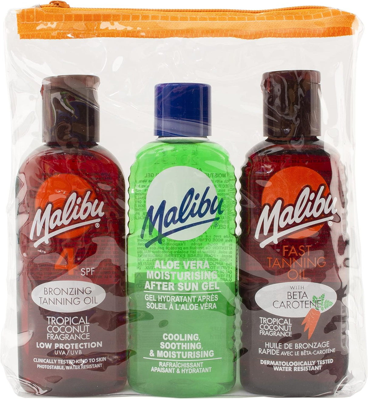 Malibu Sun Fast Tanning Travel Essentials, SPF 4 Bronzing and Beta Carotene Oil, Soothing Aloe Vera After Sun Gel, Water Resistant, Tropical Coconut Fragrance, Multipack, 3 x 100ml.