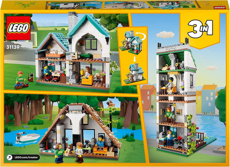 LEGO 31139 Creator 3 in 1 Cosy House Toy Set, Model Building Kit with 3 Different Houses plus Family Minifigures and Accessories, Gift for Kids, Boys and Girls.