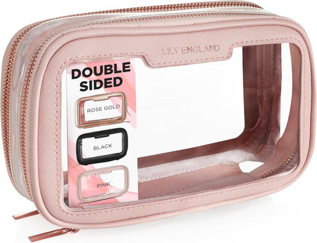 Clear Travel Toiletries Bag for Women - 2 Compartments for On-The-Go Beauty - Stylish Make-Up Bag for Everyday Use - A5 Diary Sized for Beauty Essentials by Lily England, Pink.