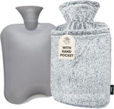 Qomfor Hot Water Bottle with Cover - Premium Fluffy Faux Fur Cover with Kangaroo Pocket - 1.8l Large - Hot Water Bag for Pain Relief, Neck and Shoulders, Hands and Feet, Cosy Nights (Dark Grey).