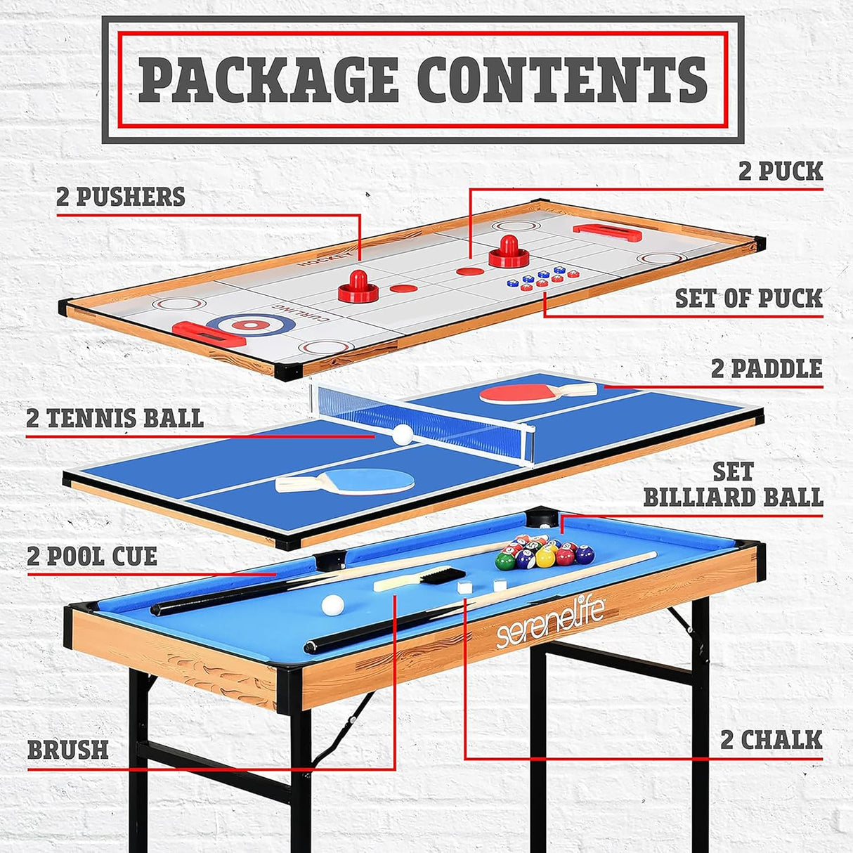 SereneLife Multi Games Table, 4 in 1 -Game Table, Portable- Folding Multi Games Table, Ping Pong, Air Hockey, Pool Billiards, and Shuffleboard, Indoor/Outdoor Use, For All Ages.