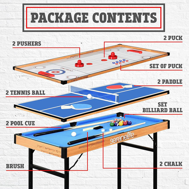 SereneLife Multi Games Table, 4 in 1 -Game Table, Portable- Folding Multi Games Table, Ping Pong, Air Hockey, Pool Billiards, and Shuffleboard, Indoor/Outdoor Use, For All Ages.