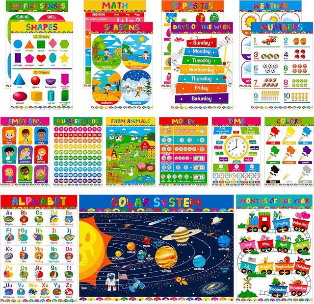 Gethelud 17 Packs Educational Poster, PET Film Covered Preschool Learning Tools for Nursery Kindergarten Toddlers.